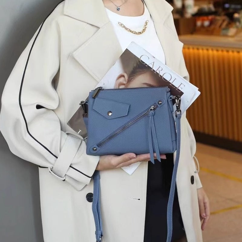 潮牌机车风格斜挎包女百搭大容量单肩小方包包黑色真皮厂无痕代发