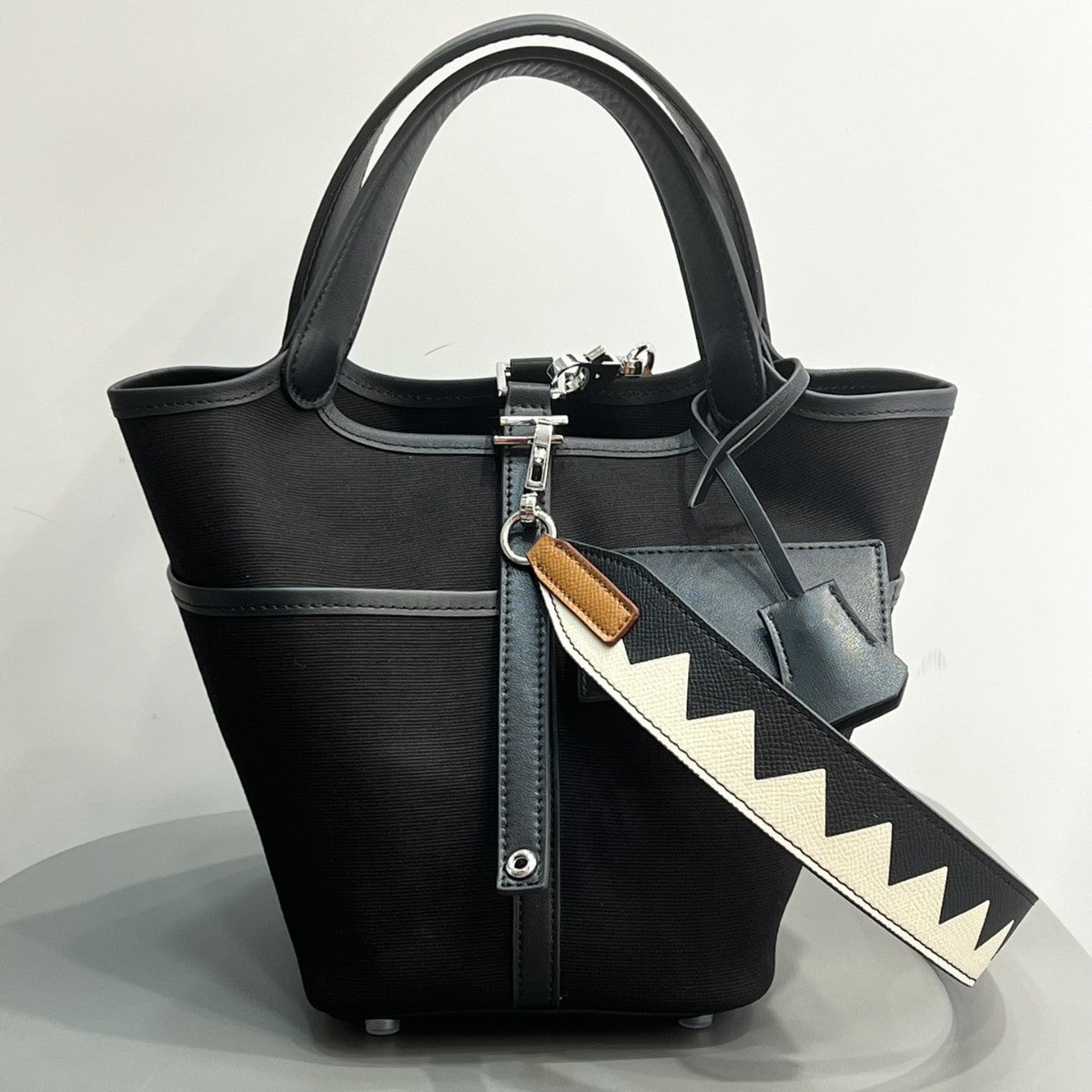 小众设计蜡线菜篮子帆布拼接平纹真牛皮口袋包手提手拎女包水桶包