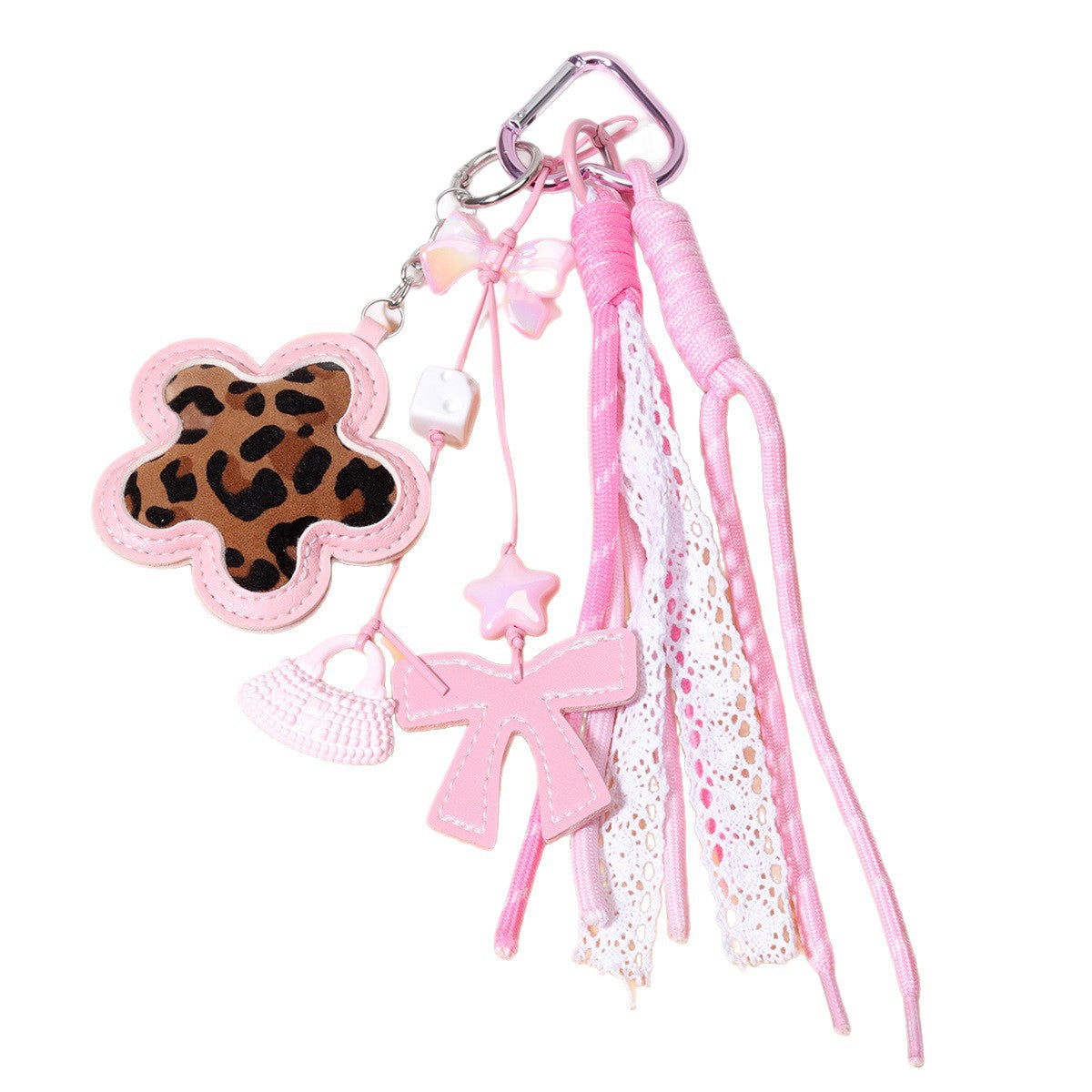 工厂原创diy包包挂件PU皮革豹纹小花挂件亚克力手提包串珠编织绳