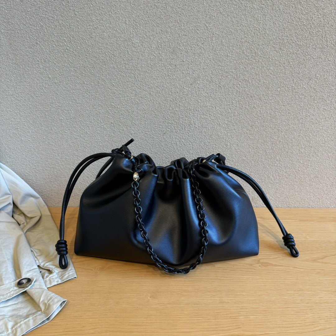 真皮云朵包2024新款时尚单肩包链条牛皮抽带包包斜挎包软皮手拿包