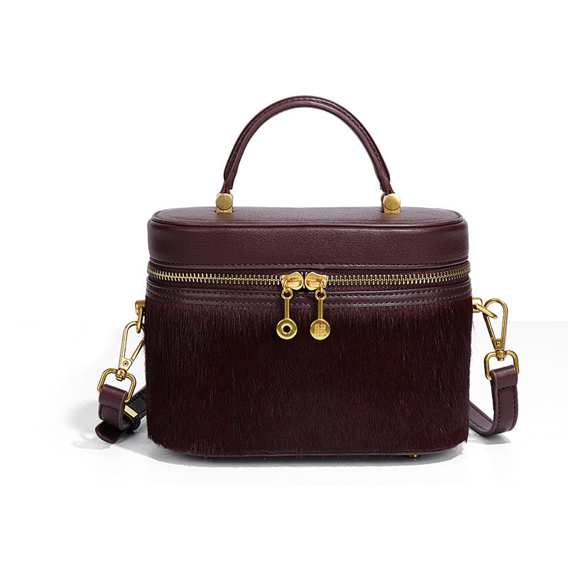 复古真皮马毛手拎化妆盒子包时尚豹纹新款单肩包小众百搭斜挎女包