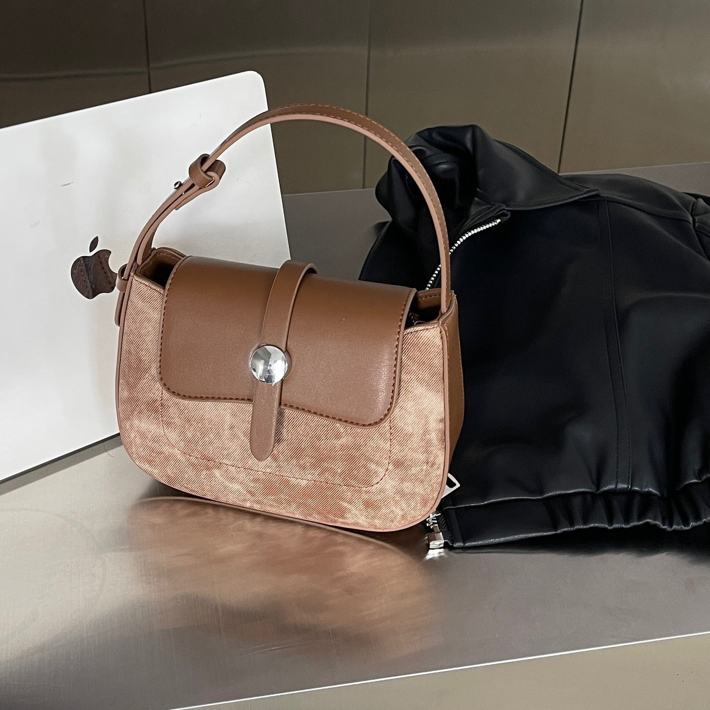 韩版时尚马鞍包真皮潮精致手提小包包女2023秋冬新款单肩斜跨包