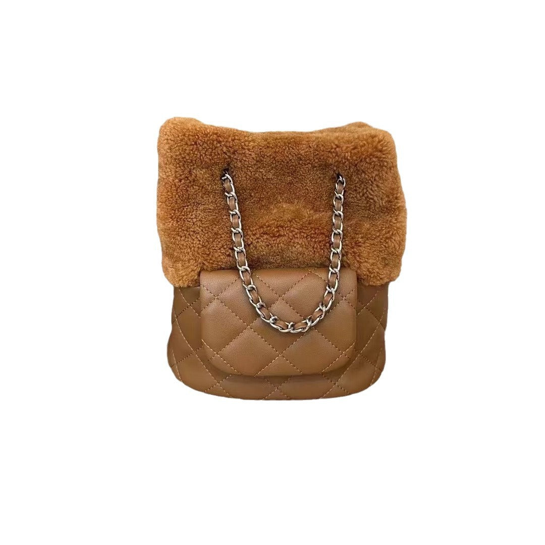 2024春季新款真皮配羊羔毛小香风菱格链条包包单肩斜挎包水桶包女