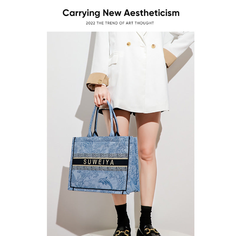 2024新款潮定制针织棉麻刺绣女包休闲大容量托特包上班通勤手提包