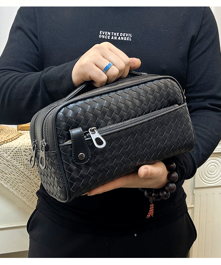 X&BV手包男真皮手挽包男士编织大容量收纳洗漱包双拉链手拿包新款