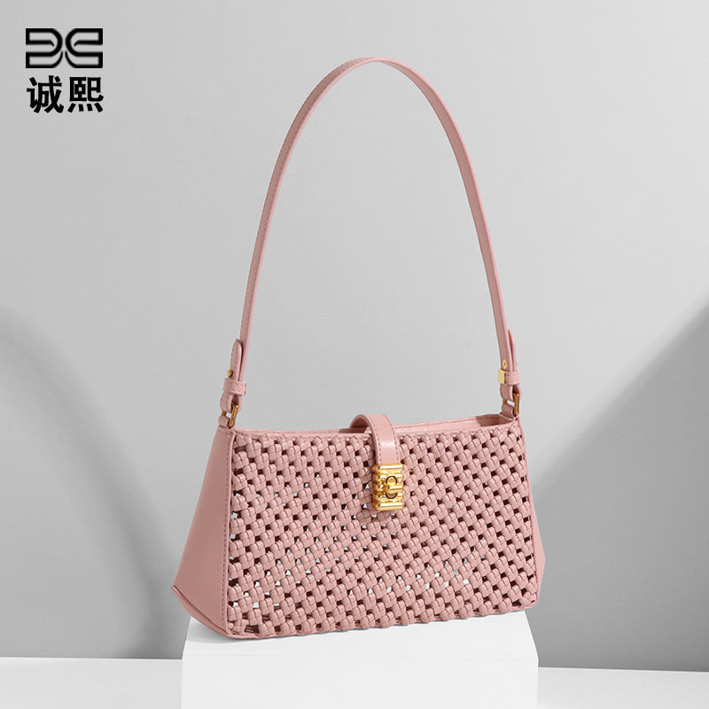 包包女高级感小众文艺简约手工编织软皮轻便锁扣腋下包单肩斜挎包