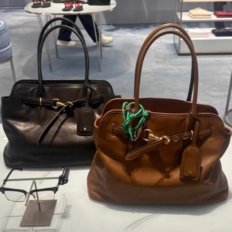 M家同款头层植鞣牛皮托特包小众设计高级感大容量贝壳腋下通勤包