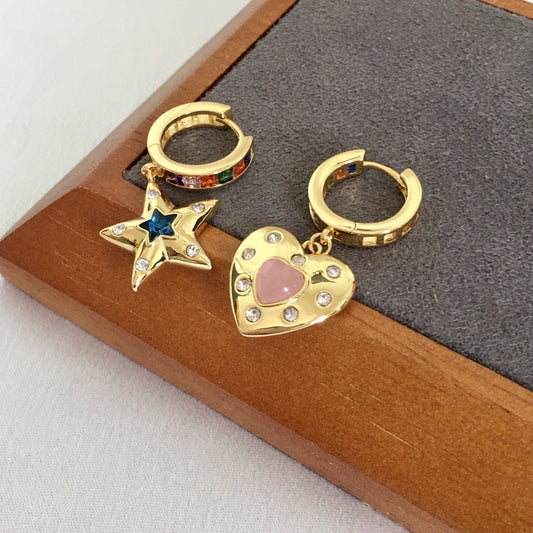 赛林家新款星星爱心耳环女高级感个性气质不对称彩钻猫眼心形耳饰