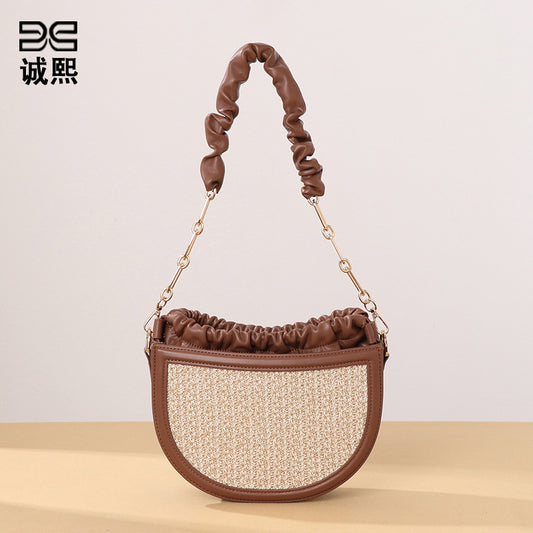 拉菲草单肩腋下包沙滩度假草编马鞍包小清新仙女藤编包斜挎子母包