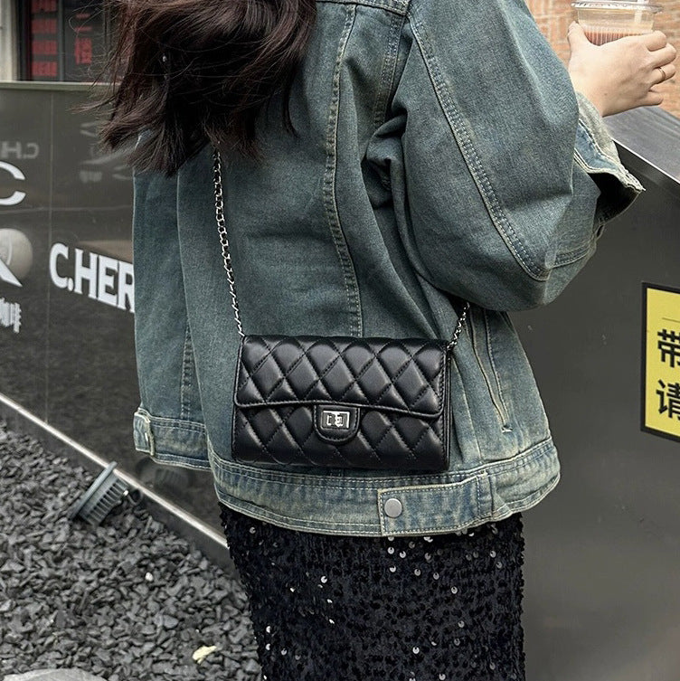 大牌品牌 小香风零钱包迷你小方包黑色手机包单肩斜挎菱格链条包