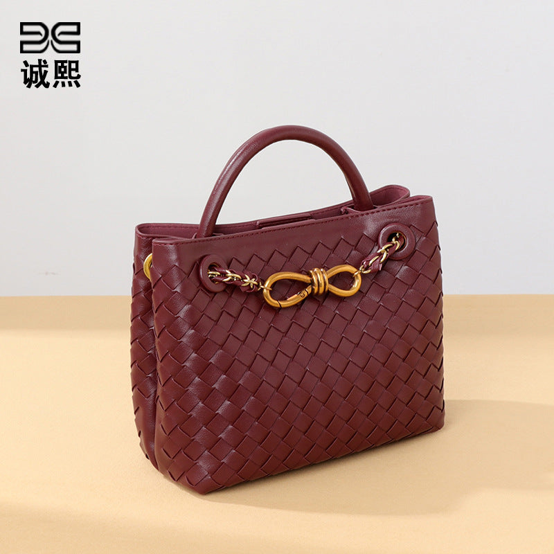 纯色百搭新款手工编织女包时尚通勤手提包链接单肩斜挎托特小方包