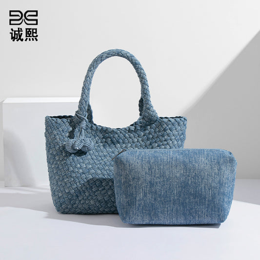 新款批发包包女高级质感通勤大容量编织牛仔布托特包菜篮子子母袋
