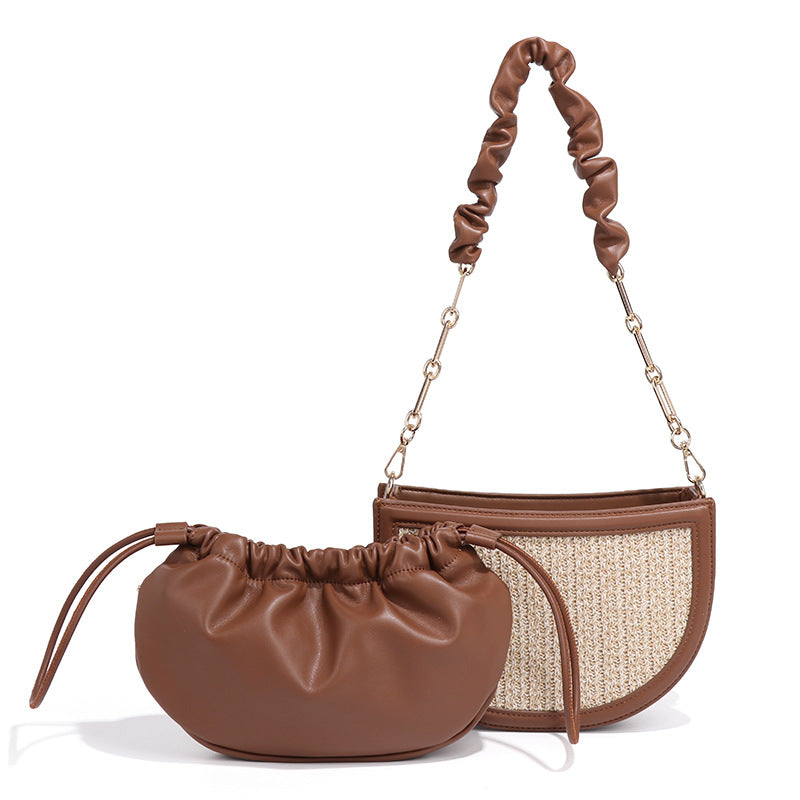 拉菲草单肩腋下包沙滩度假草编马鞍包小清新仙女藤编包斜挎子母包