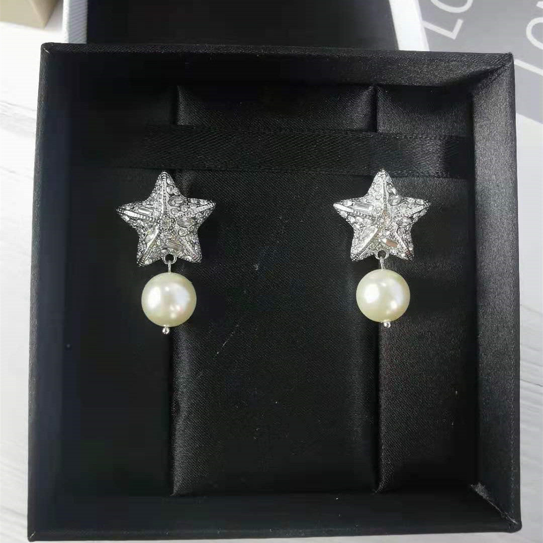 缪家新款五角星珍珠耳环镶钻星星形耳钉高级感气质网红同款耳饰