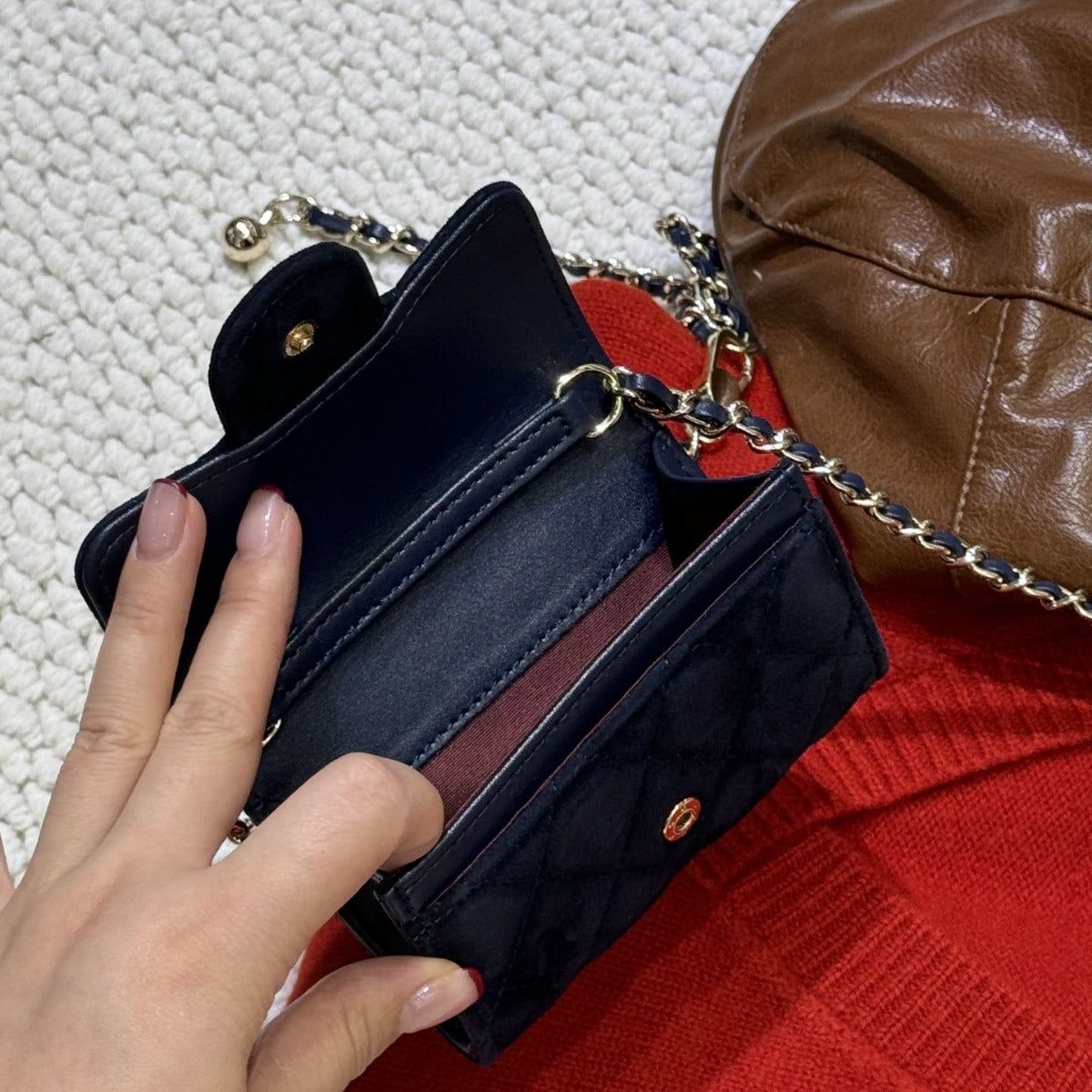 头层牛皮磨砂mini小方包卡包钱包腰包多功能菱格链条包迷你口红包