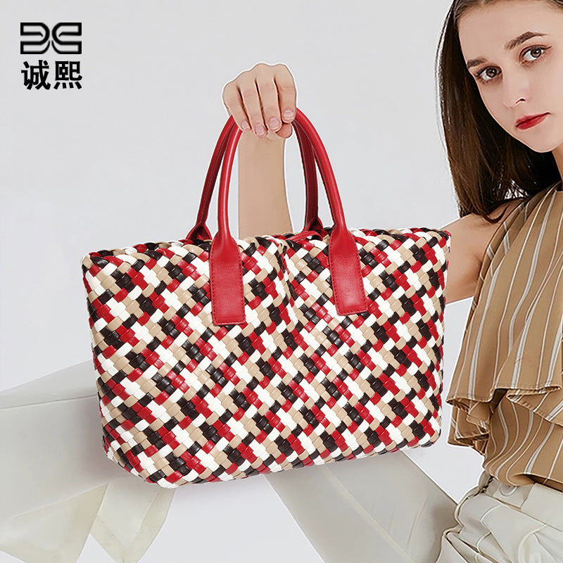 时尚欧美潮流彩色手工编织包大容量托特包手提女包个性百搭子母包