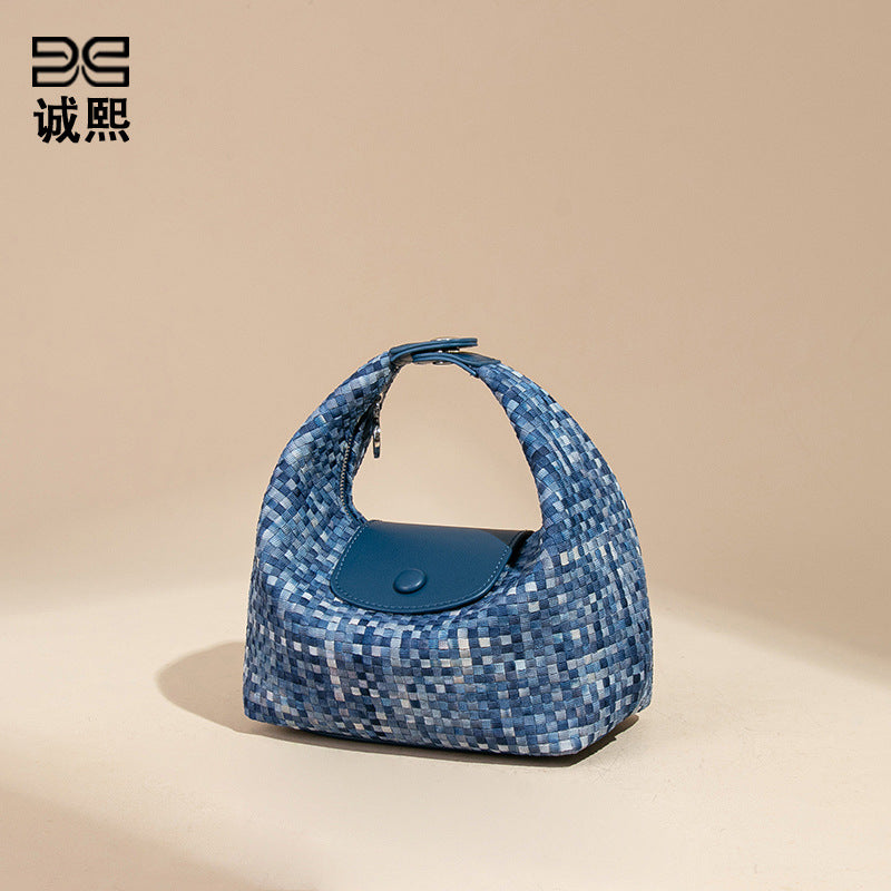 潮流新款拼接手拎饭盒包时尚手工编织女包休闲百搭小众单肩斜跨包