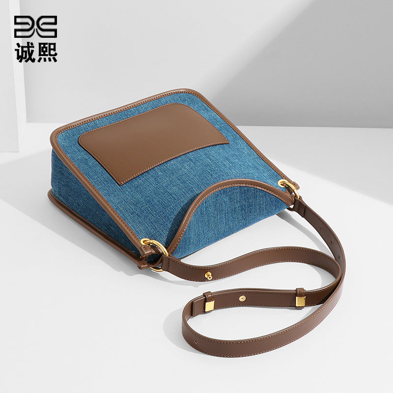 小众设计原创包包女牛仔布撞色复古大容量背包托特包单肩包斜挎包