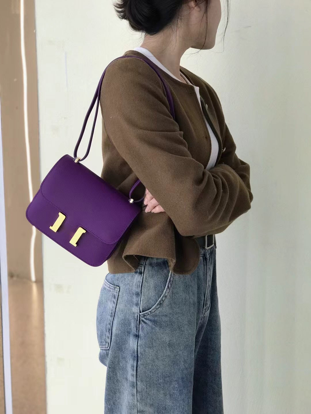 H扣康康包头层牛皮高级感空姐包经典百搭斜跨小方包时尚真皮女包