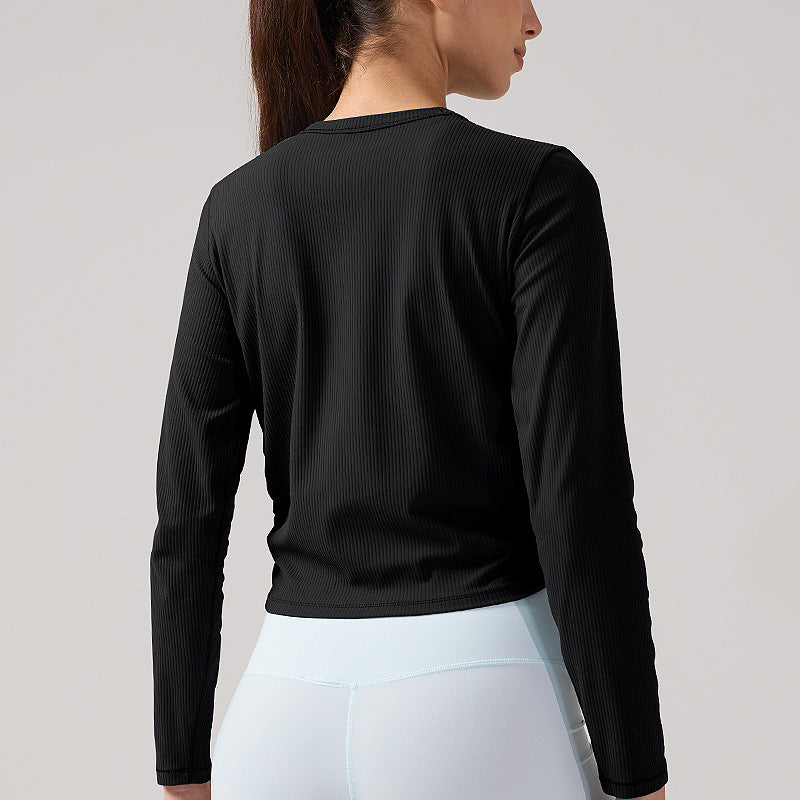 lulu高弹力罗纹长袖瑜伽服女褶皱显瘦健身T恤透气运动衫休闲上衣