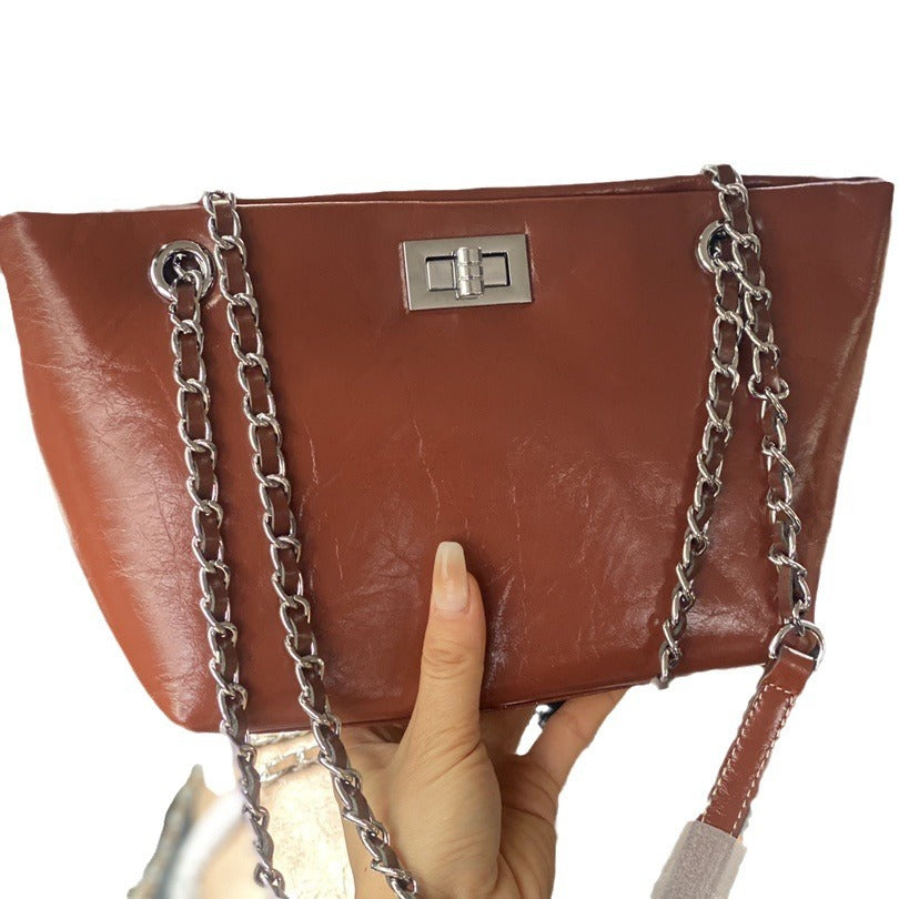 新款爆裂纹头层牛皮小香风链条女包杨树林流浪包单肩斜挎包女潮包