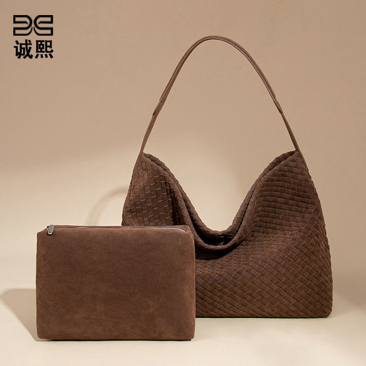 欧美复古麂皮绒单肩腋下包大容量斜跨编织女包质感手提子母托特包