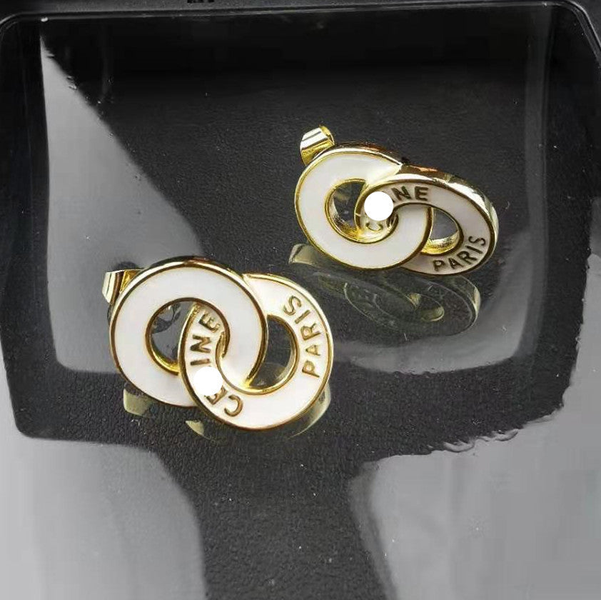 赛家新款法式8字母圆圈耳环黑白滴胶双圈复古双环耳钉时髦耳饰