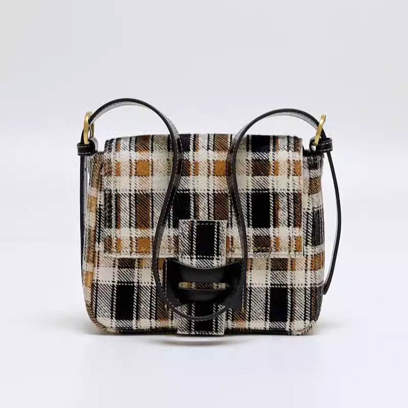 Get格纹头层马毛拼油蜡牛皮时髦又飒飒单肩女磨砂皮复古邮差包包