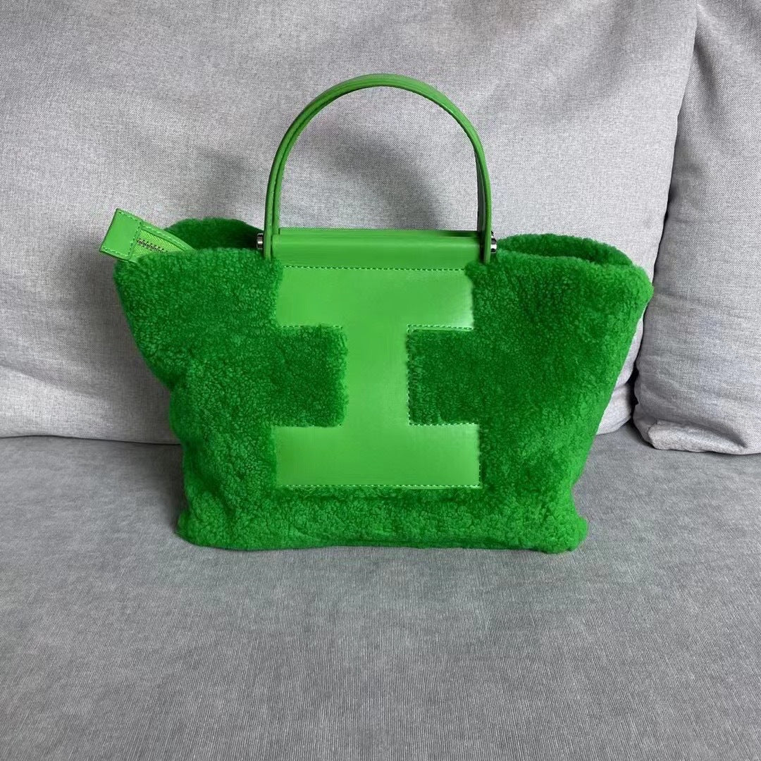 包包女2023秋冬新品网红撞色复古牛皮羊毛大容量托特包单肩斜挎包