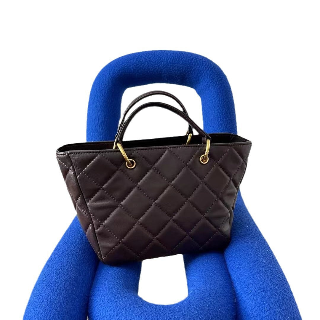 新款真皮菜篮子包时尚复古菱格手提包休闲百搭单肩斜挎托特包女