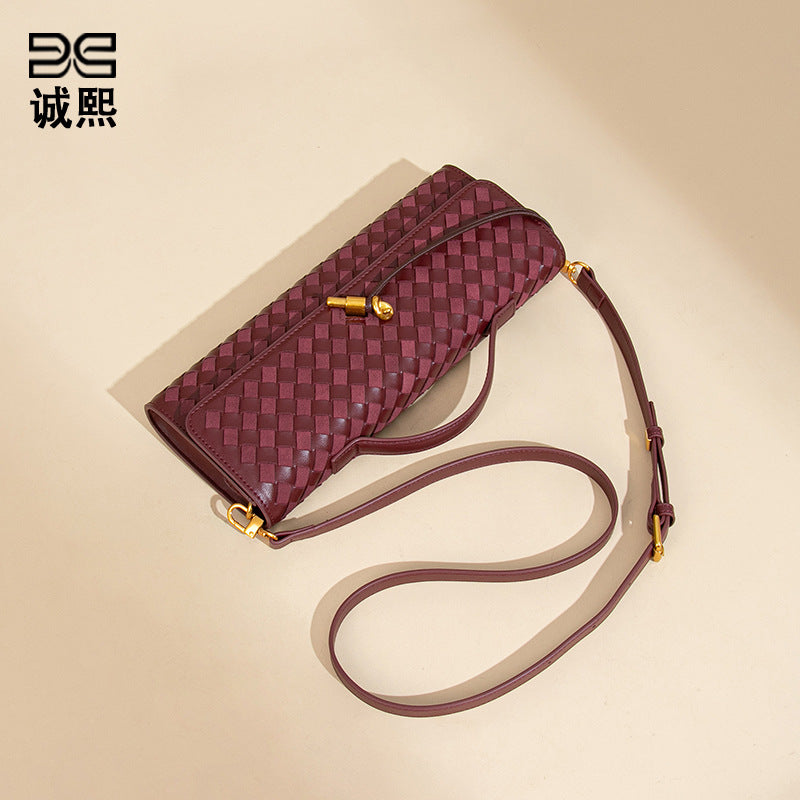 个性时尚双拼编织晚宴包时尚横版手拿法棍包休闲百搭单肩斜挎女包