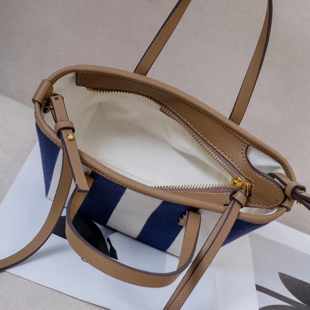 大牌包包女2024新款百搭大容量托特包条纹帆布通勤单肩手提购物袋