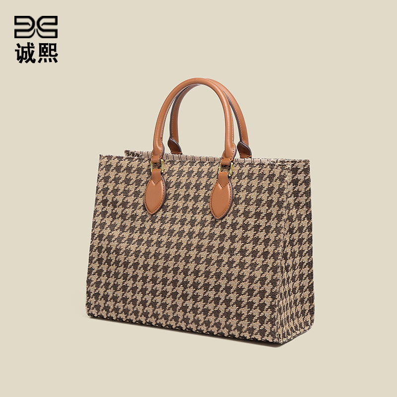 千鸟格手提包商务包女通勤欧美复古大容量托特包2025潮秋冬购物包