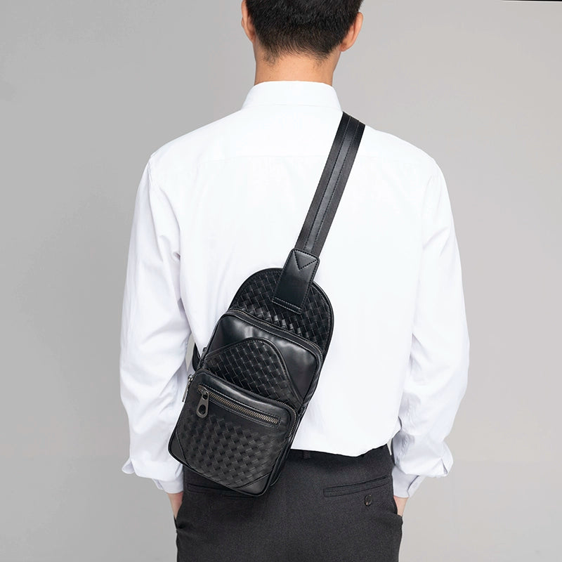 X&BV胸包男真皮休闲青年潮男背包编织单肩斜挎包男士新款多功能包
