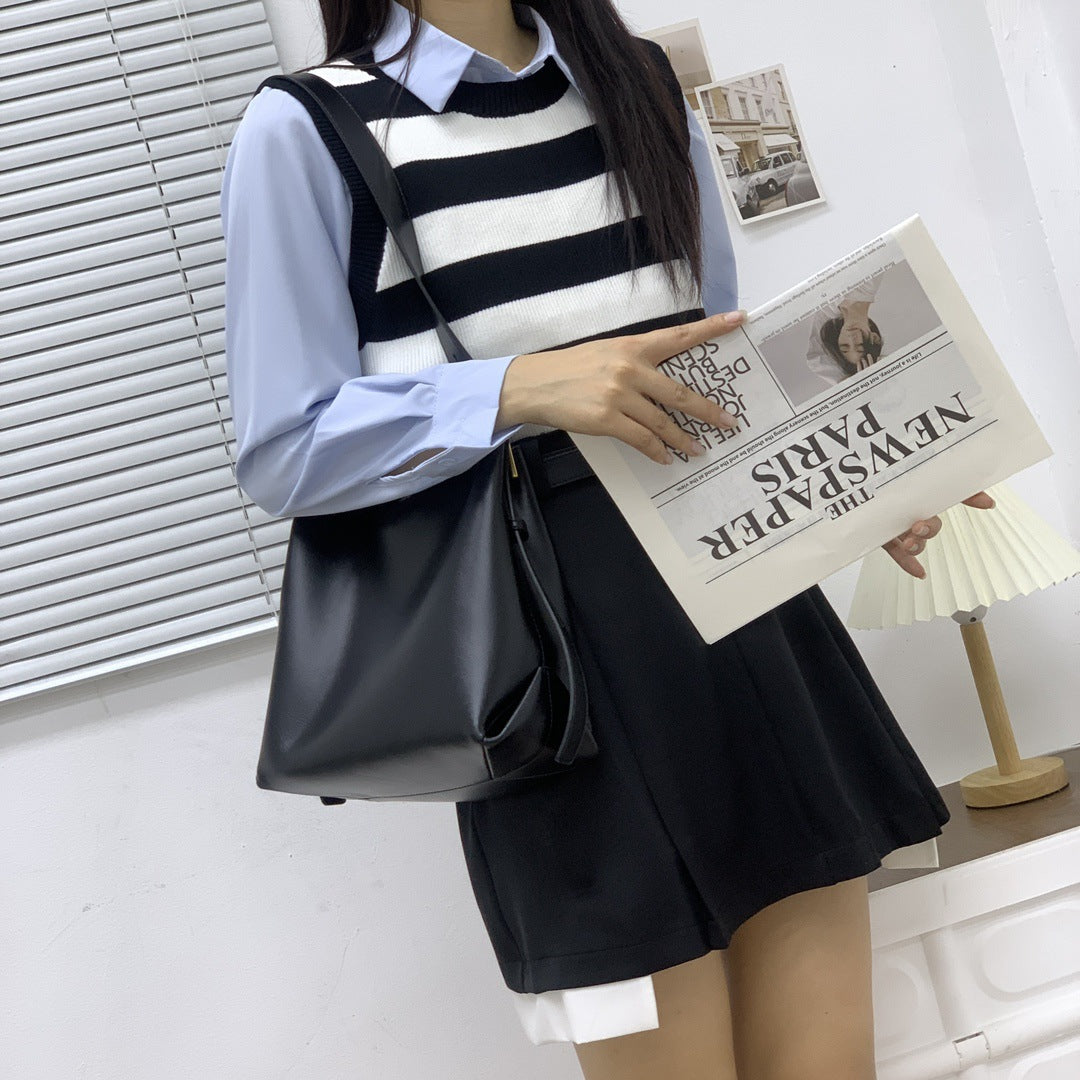 真皮水桶包女2023新款小众设计通勤女包单肩斜跨包时尚百搭托特包