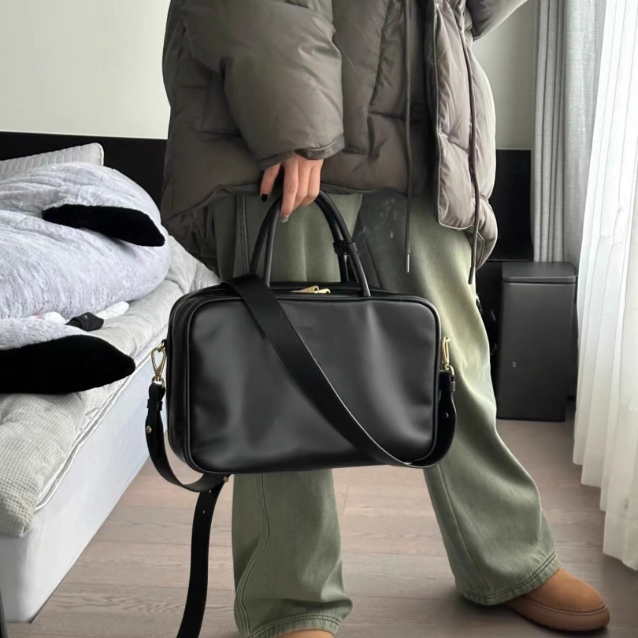 旅行包复古做旧公文包大容量通勤电脑包单肩斜挎真皮保龄球女包