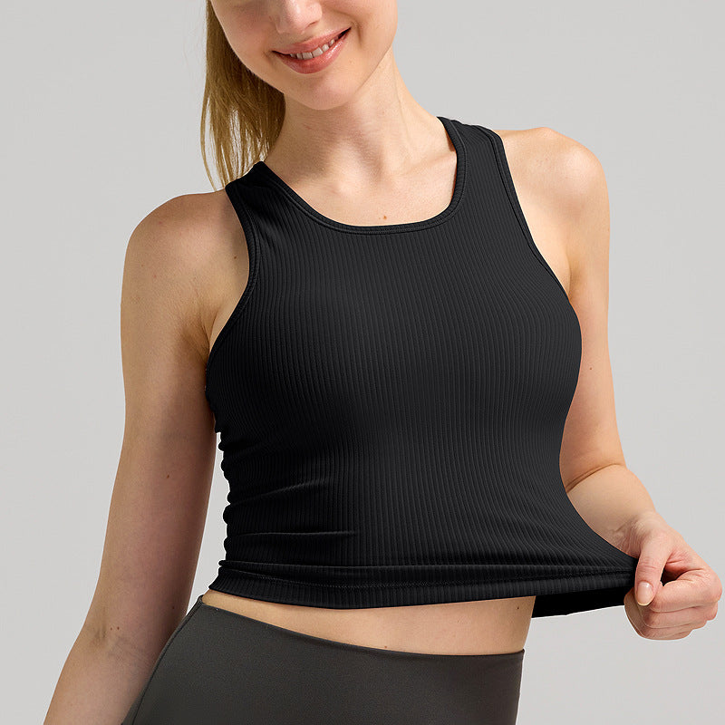 lulu短款工字运动背心女士带胸垫莱卡瑜伽服罗纹透气速干健身上衣