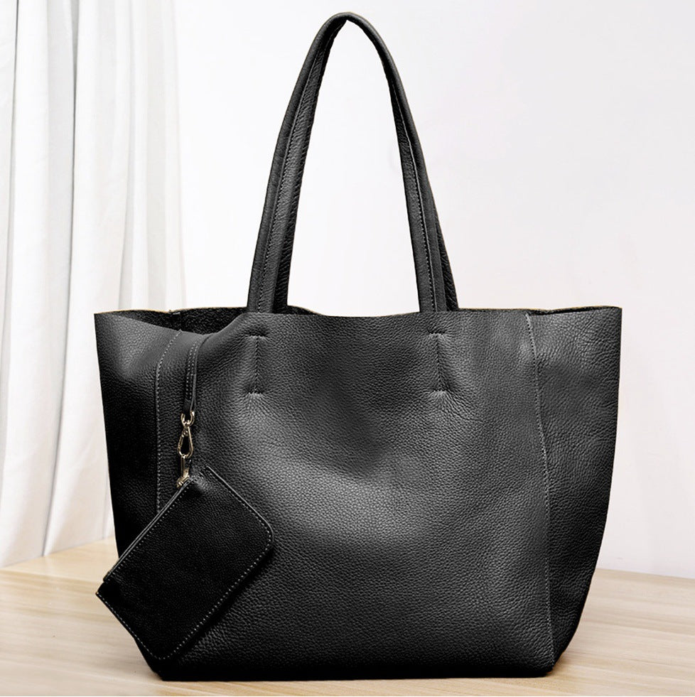 韩版大容量通勤包妈咪购物包牛皮简约真皮托特包单肩斜跨笔记本包