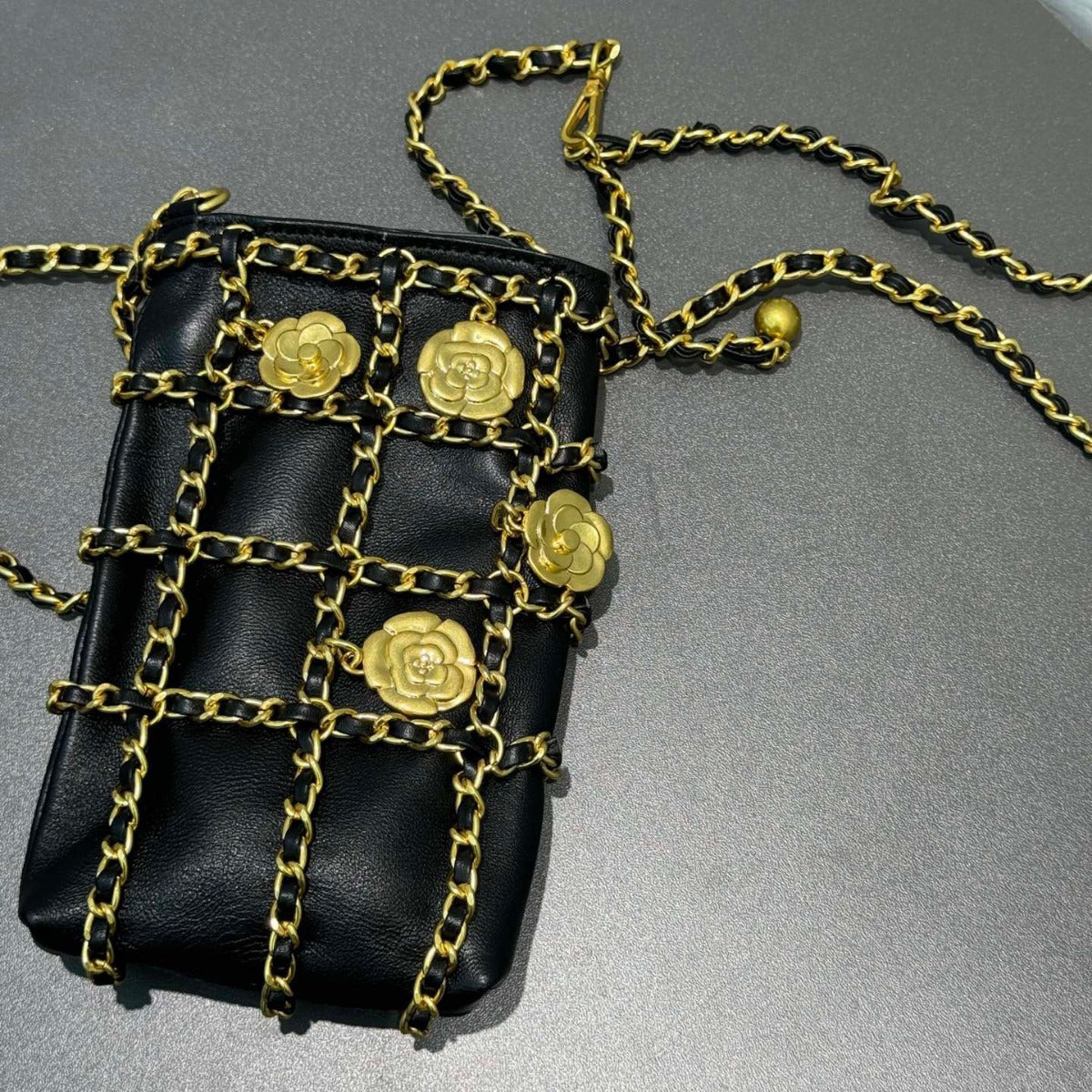 小香风山茶花真皮手机包女2024夏新款迷你菱格链条小包包斜挎包潮