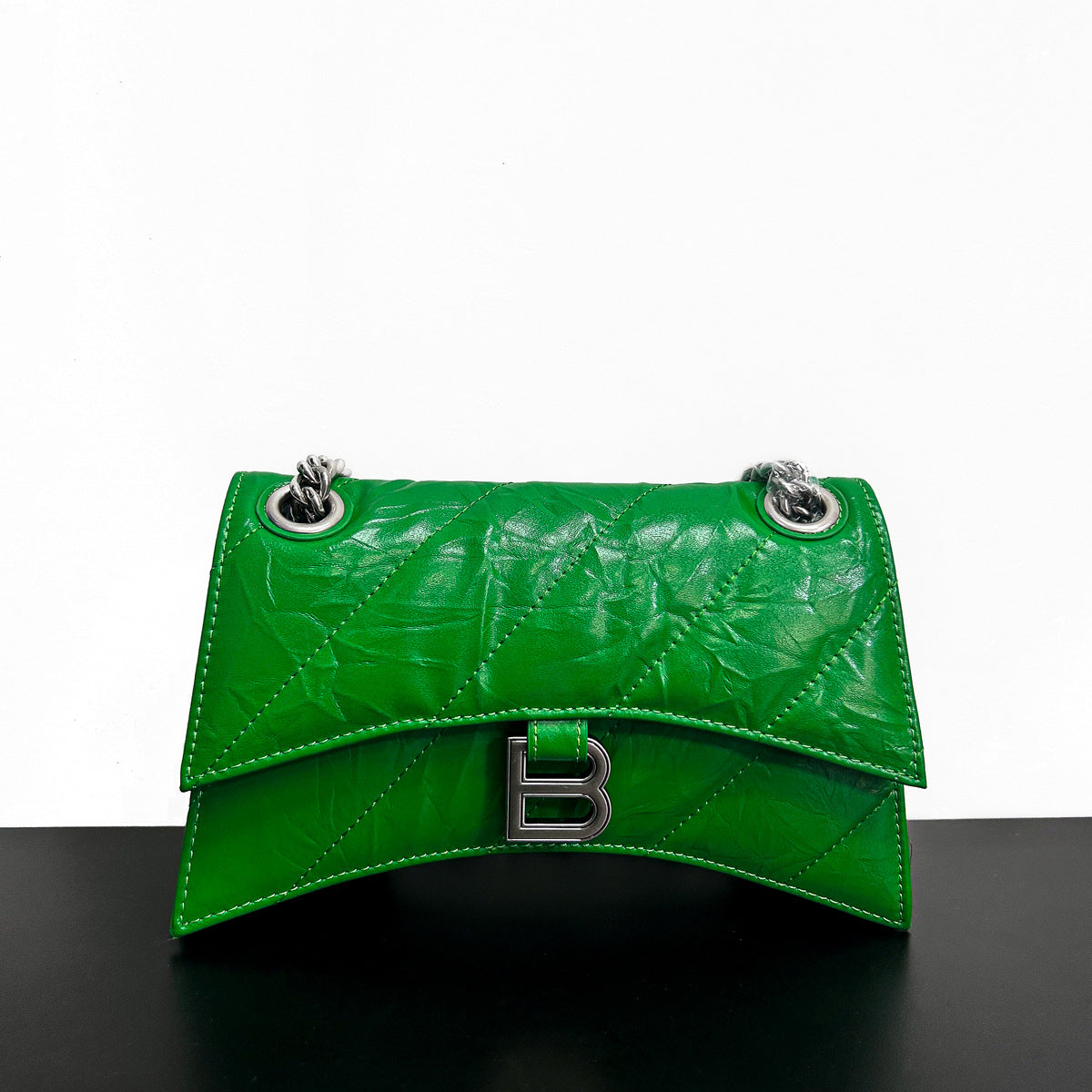 头层牛皮沙漏包2022秋冬新款褶皱菱格链条包b家单肩斜挎女通勤