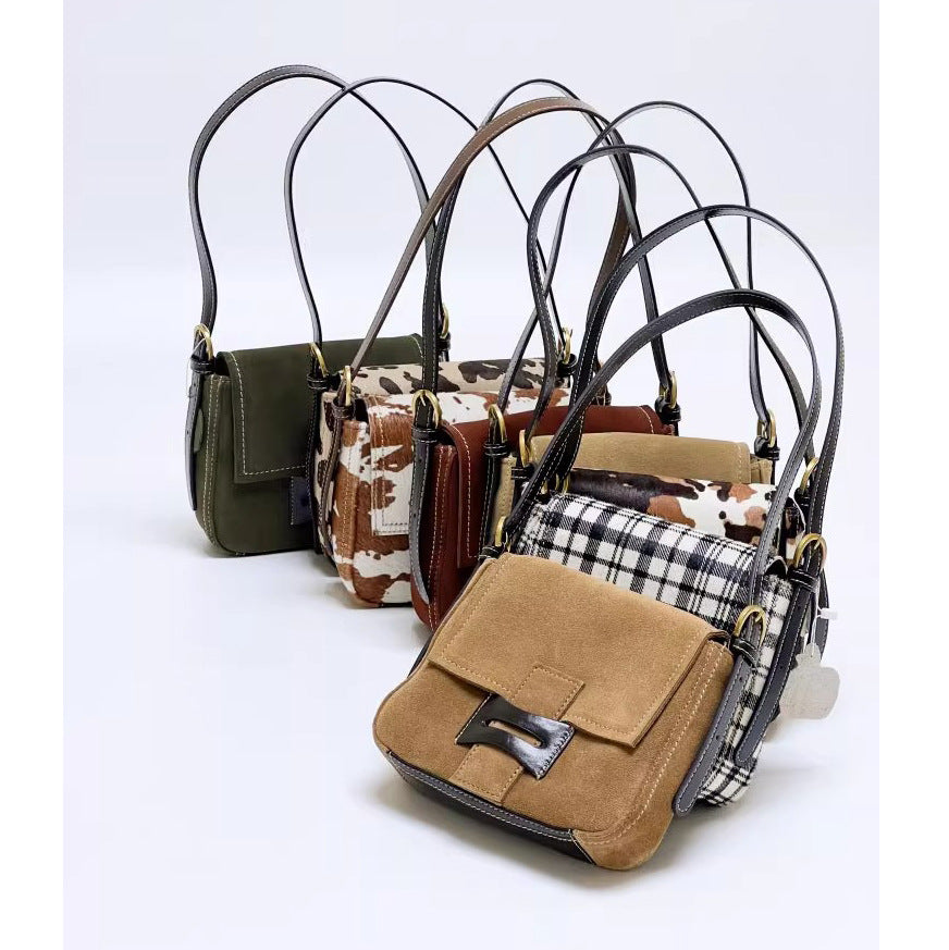 Get格纹头层马毛拼油蜡牛皮时髦又飒飒单肩女磨砂皮复古邮差包包