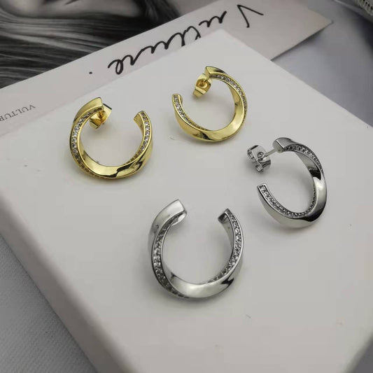 赛家21新款扭曲耳钉女镶钻高级感气质几何形celi镀金环形曲面耳环