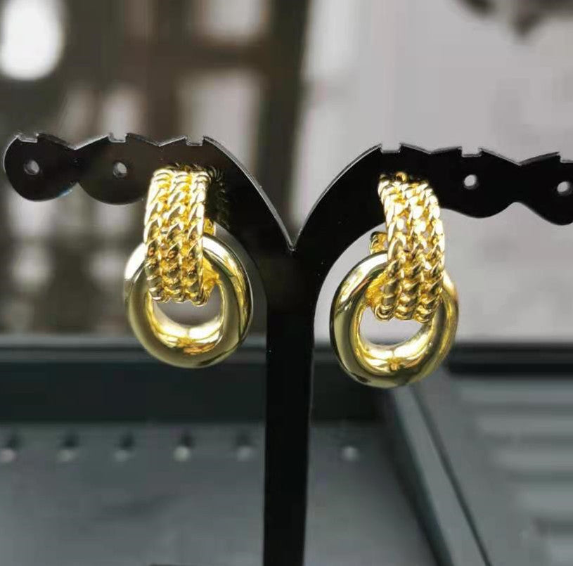 赛家新款耳环马蹄扣中古高级感半圆形椭圆金属耳圈链条编织耳钉