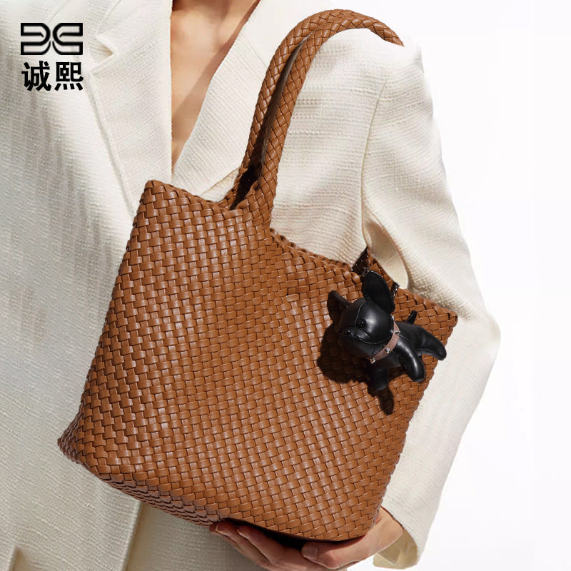 欧美复古大容量通勤手提包时尚简约手工编织包软皮百搭单肩子母包