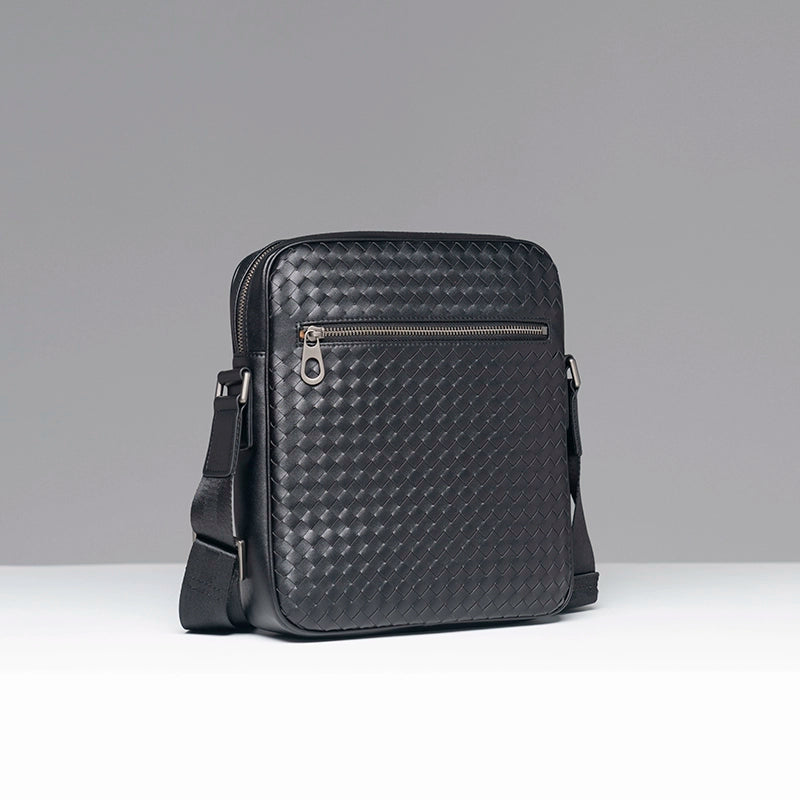 X&BV单肩包男真皮休闲时尚潮男小背包商务黑色编织平板男包斜挎包
