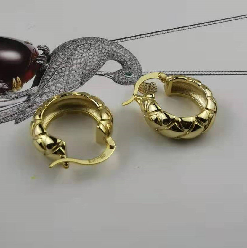 赛家新款格纹耳环复古金色耳钉女法式气质时尚耳饰菱纹圆圈耳圈