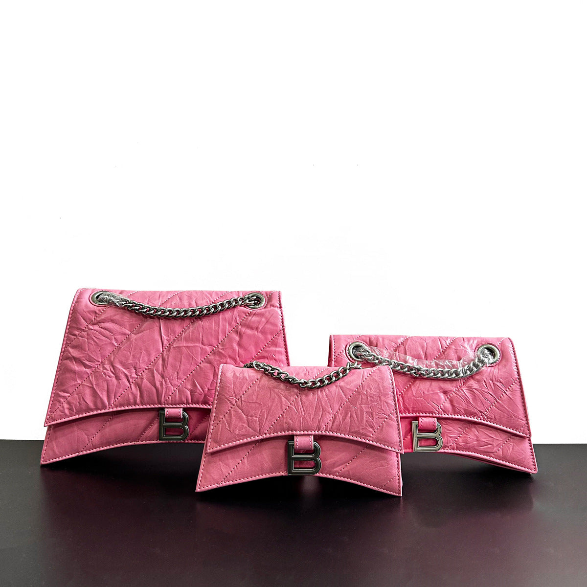 高级感头层牛皮沙漏包2023秋冬新款褶皱菱格链条包b家单肩斜挎女