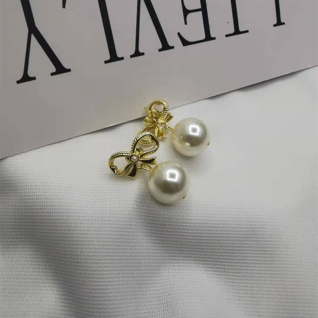赛家21新款蝴蝶结耳钉珍珠耳坠女高级感甜美INS风几何形镀金耳环
