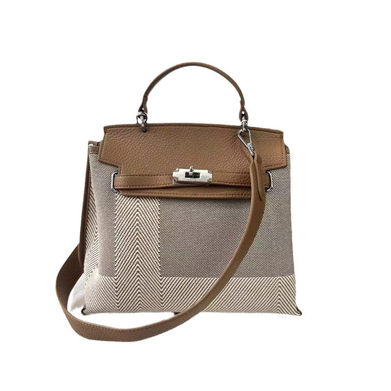 韩版高级感格纹配togo牛皮铂金包大容量女手提单肩通勤包一件代发