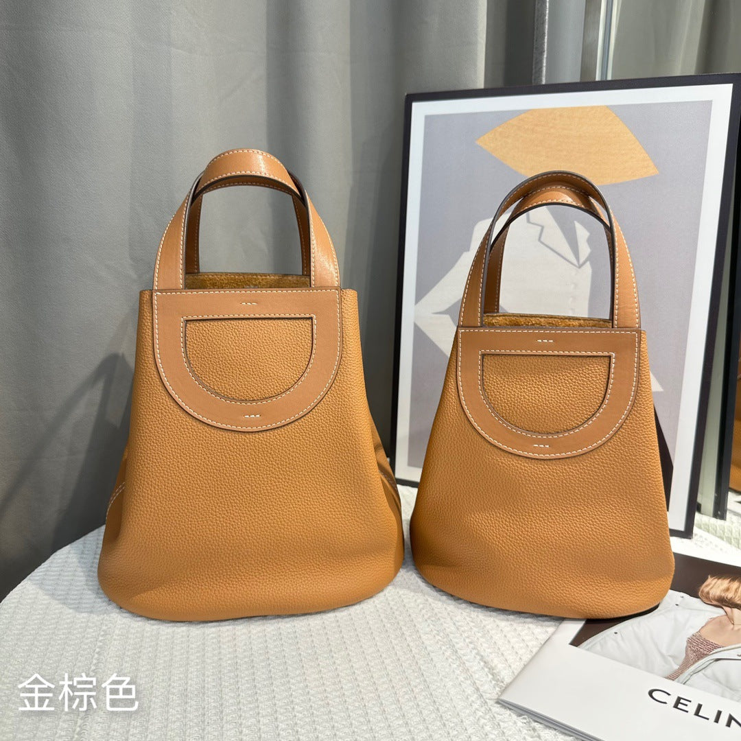 头层牛皮菜篮子手提包宽肩带包包女包高级简约百搭感单肩斜挎包